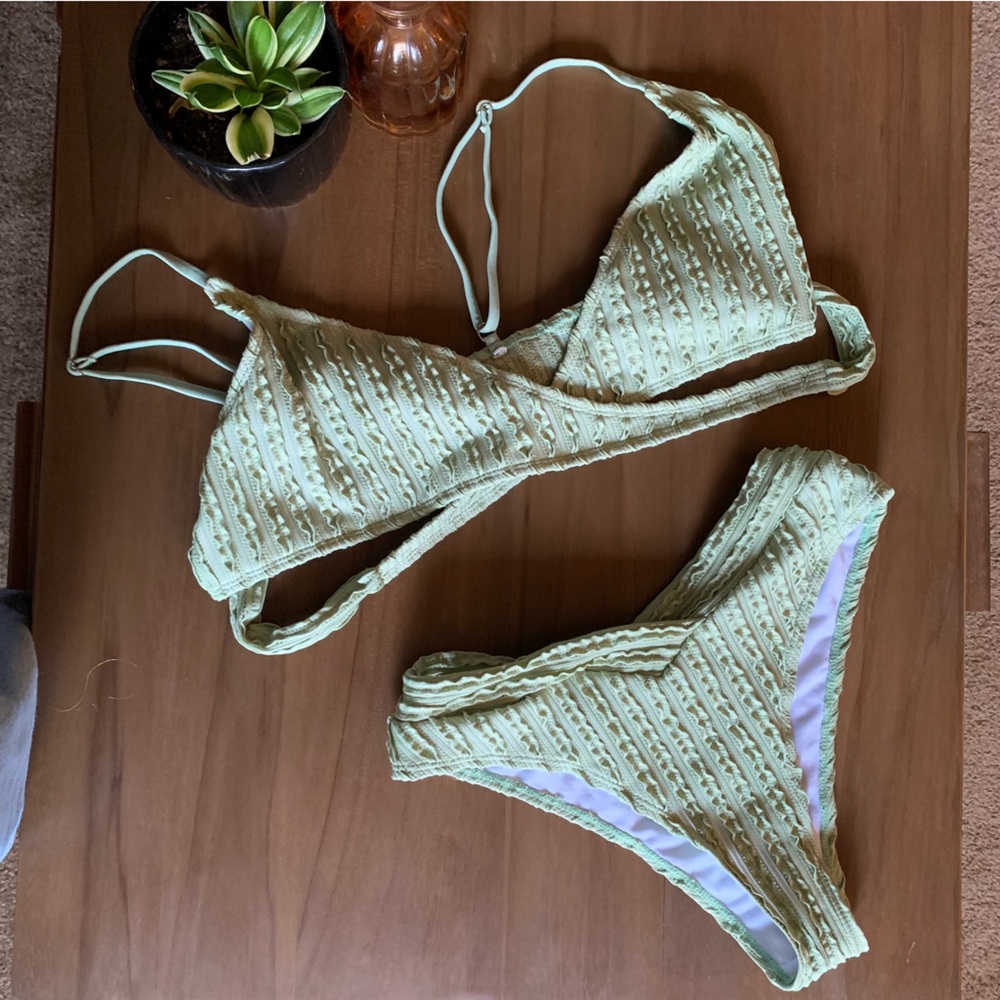 Textured Wrap Style Green Bikini Set